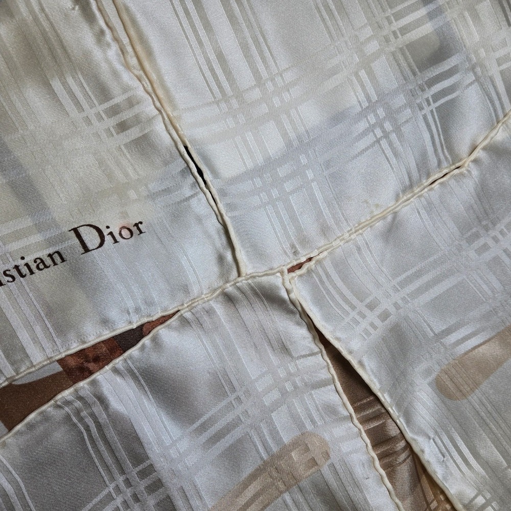 Christian Dior Silk Scarf Grey Brown Plaid Oversized D Logo Square Neck Scarf - Picture 6 of 7
